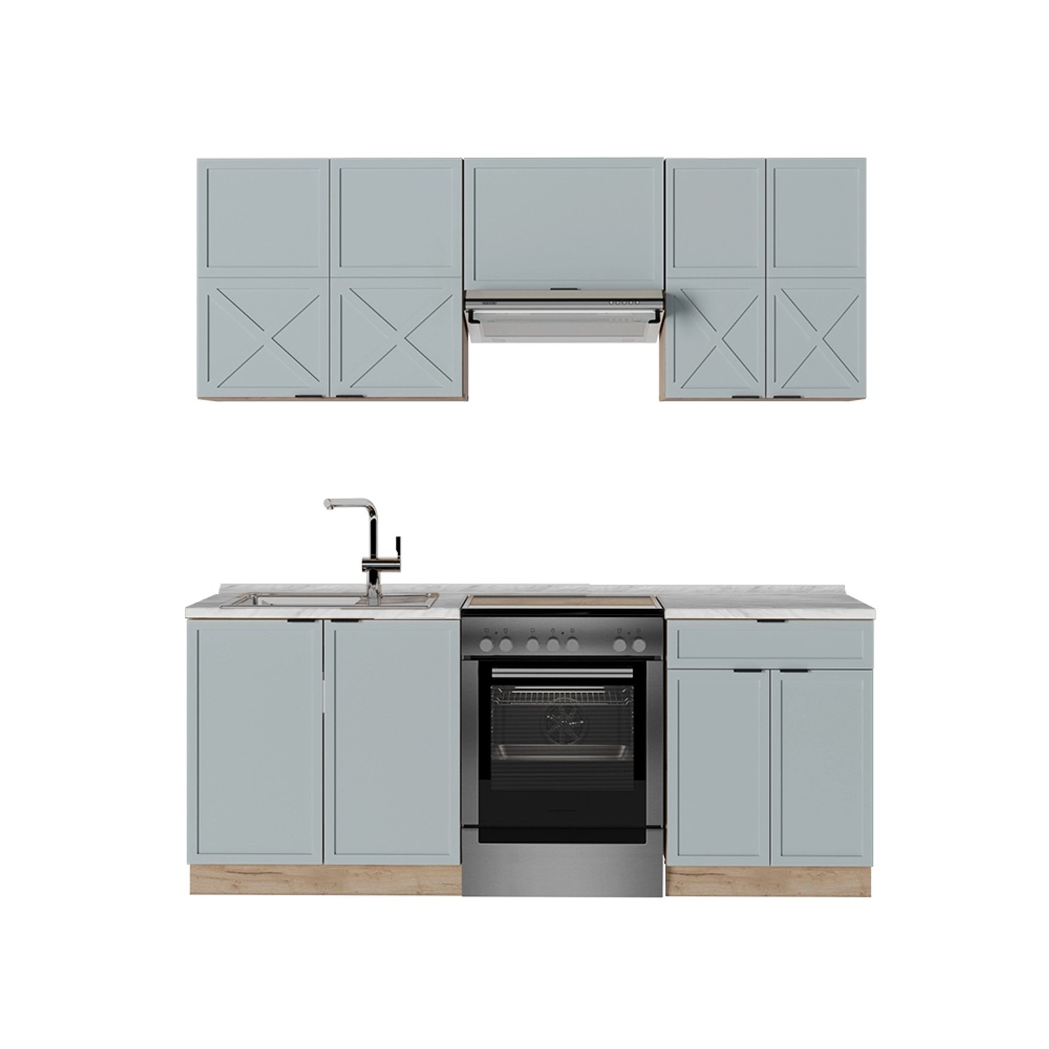 Vicco Fame-Line Küchenzeile Hellblau-grau/Goldkraft Eiche 200 cm ohne Arbei günstig online kaufen