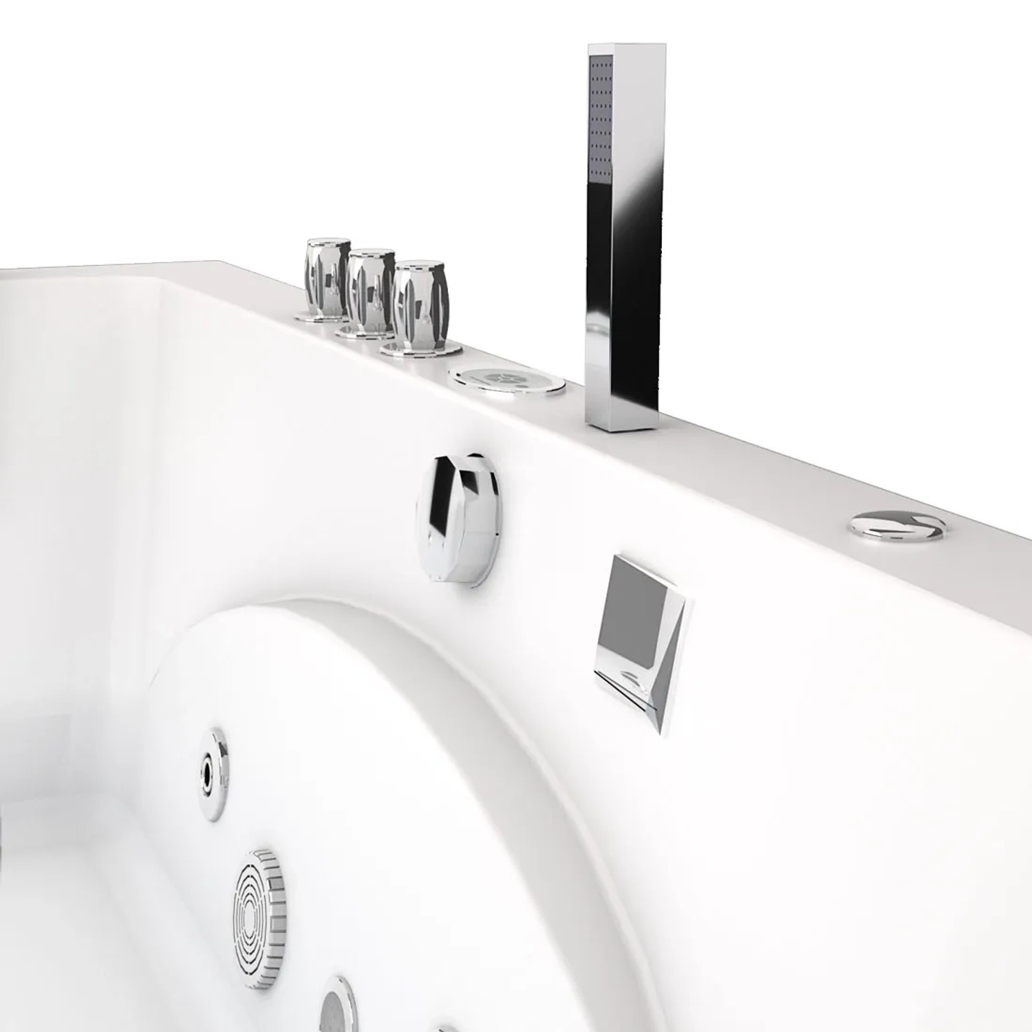 Detailansicht der AcquaVapore Eck-Badewanne W81R-TH-C-SC 180x90 mit Armaturen und Handbrause.