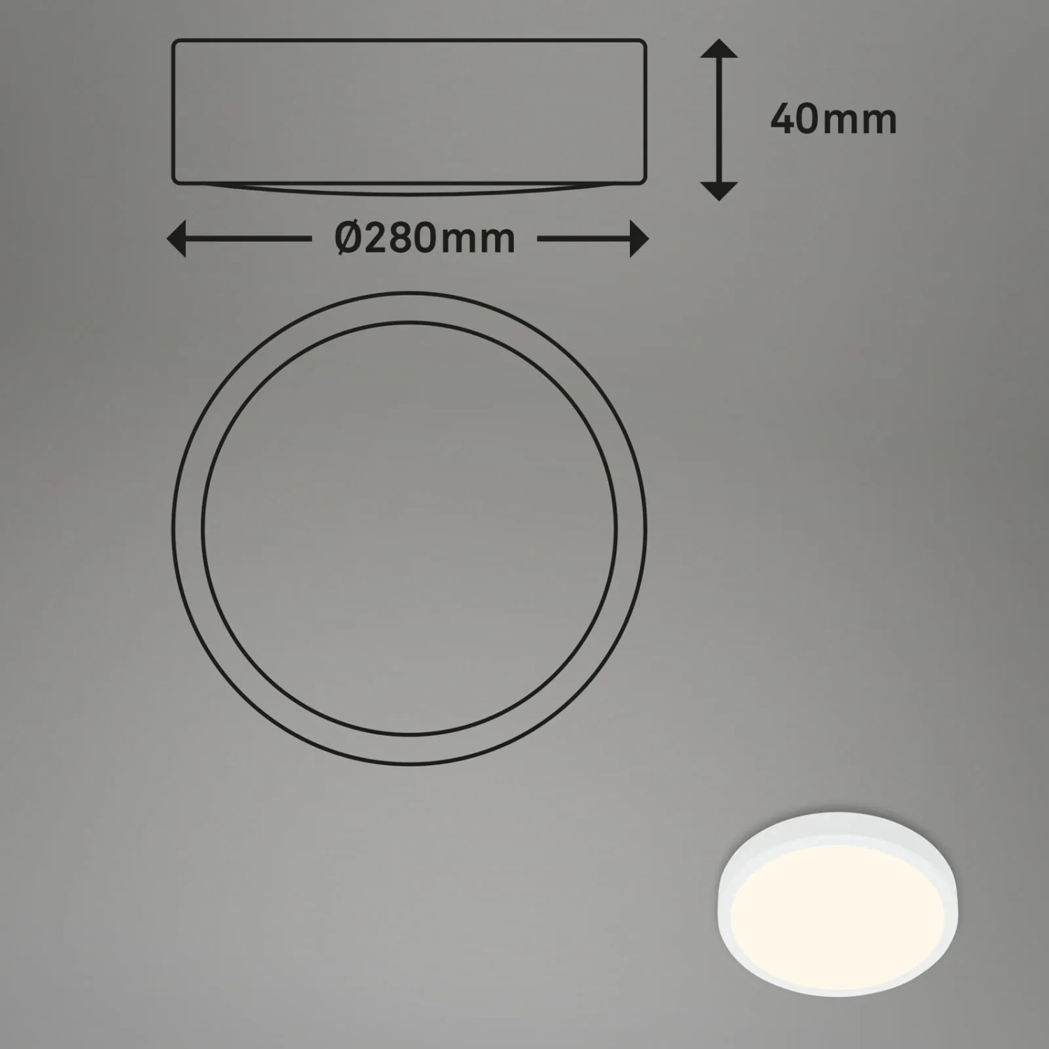 Abbildung der Brilo LED-Deckenleuchte Runa, 16 W, in Weiß mit Maßangaben.