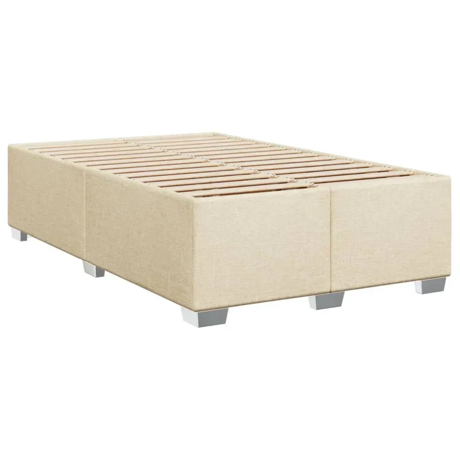 Cremefarbenes vidaXL Boxspringbett 120x190 cm mit Lattenrost und silbernen Füßen.