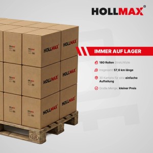 Holzpalette mit gestapelten braunen HOLLMAX Profi Stretchfolie Kartons. Ideal für Lagerung, Versand & Transport von Baufolien.