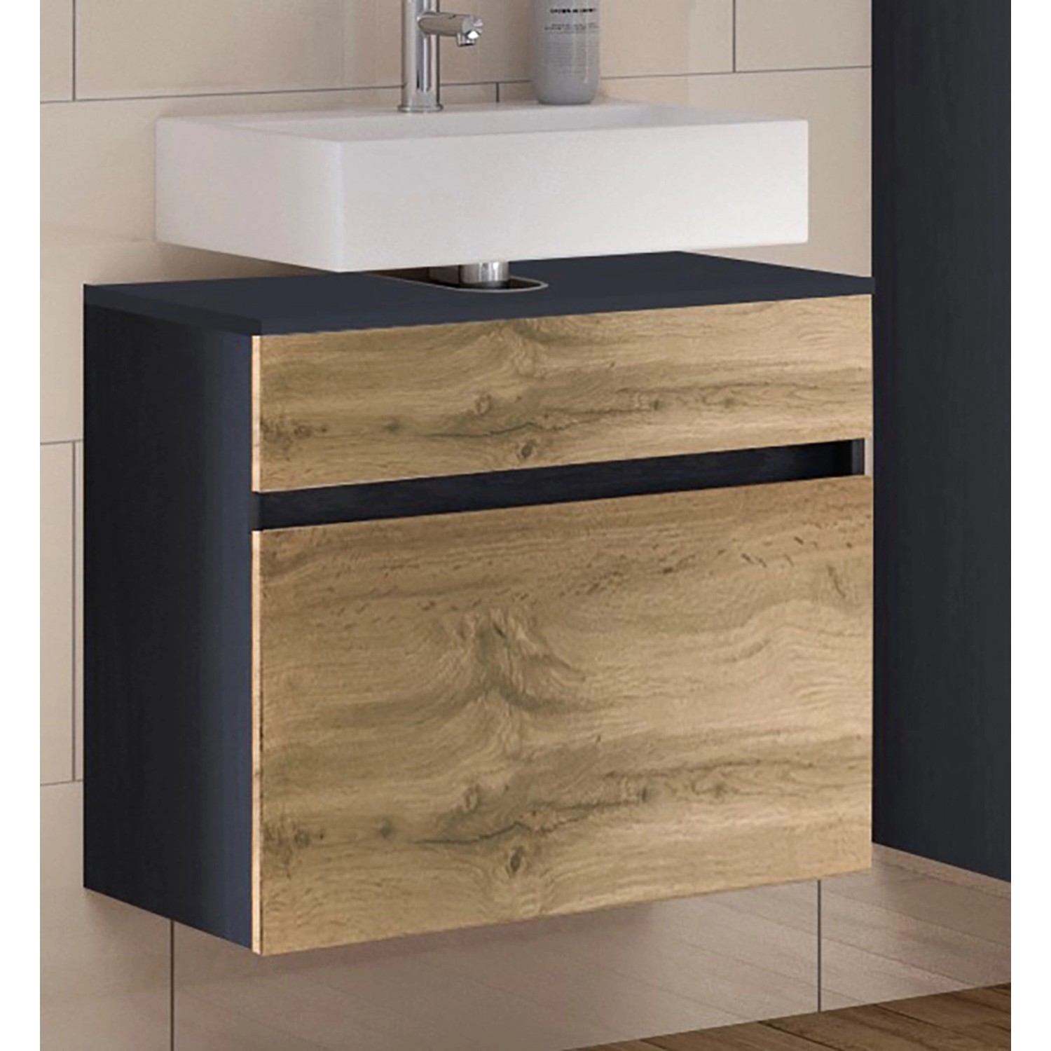 Held Möbel Waschbeckenunterschrank Bari, 60 cm, Wotaneiche/Graphitgrau. Moderner Badschrank mit Schublade.