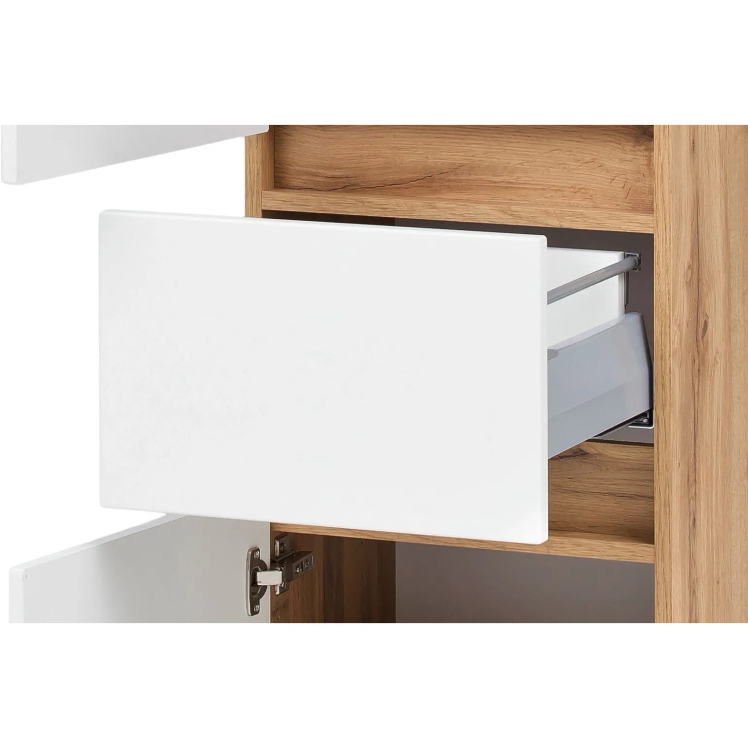 Detailansicht: Held Möbel Hochschrank Salerno, 40 cm, matt Weiß und Wotaneiche, Schublade geöffnet.