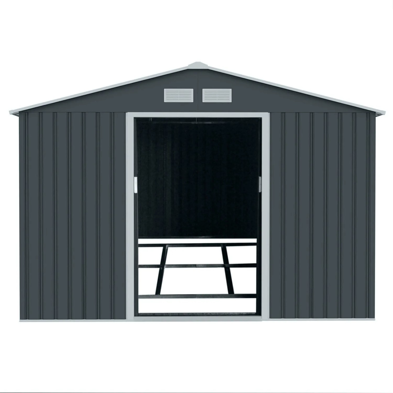 Hattoro S300 Metall Gerätehaus, 12,5 m³, Satteldach, Dunkelgrau. Gartenhaus mit Schiebetür und Belüftung.