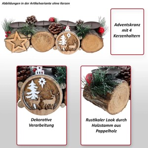 Adventsgesteck aus Holz mit 4 Kerzenhaltern und Deko-Elementen (ohne Kerzen).