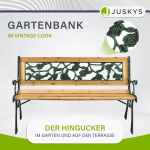 Juskys 2-Sitzer Gartenbank Venezia aus Holz und Gusseisen mit Rosenmuster.