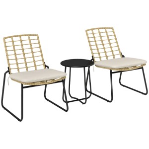 Outsunny Balkonmöbel Set: zwei Stühle mit beigem PE-Rattan, hellen Kissen und schwarzem Stahlgestell, dazu ein runder schwarzer Tisch. Gartenmöbel.