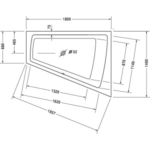Technische Zeichnung der weißen Duravit Paiova Eckbadewanne (180x140 cm) für den Einbau rechts.