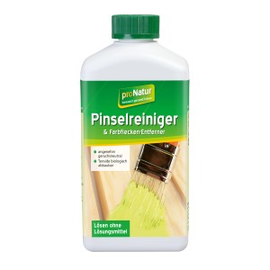 Flasche Pronatur Pinselreiniger 500ml mit Pinsel und Farbe.