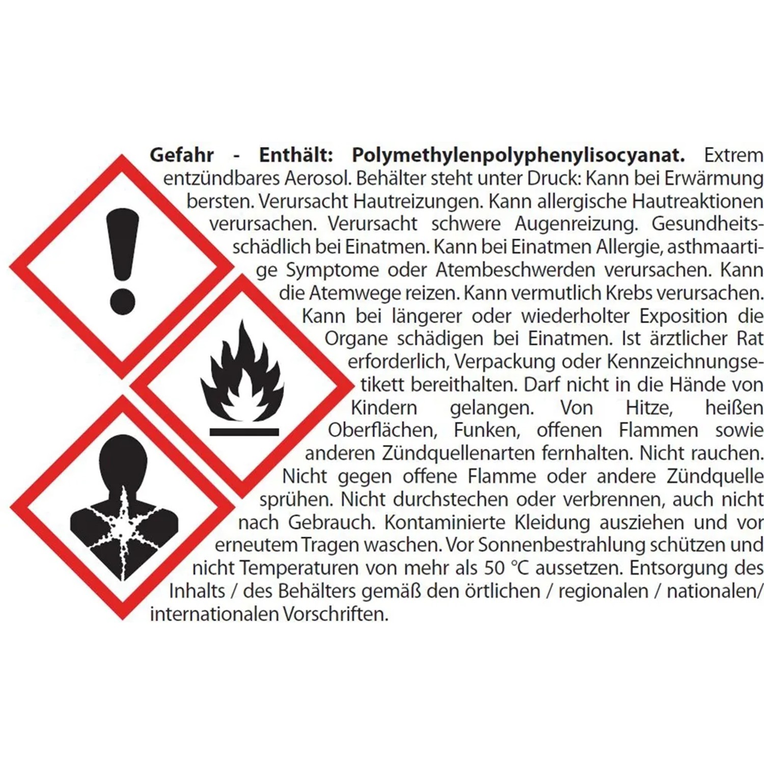 Gefahrzeichen: Achtung, entzündlich, gesundheitsschädlich. Sicherheitsinformationen beachten!