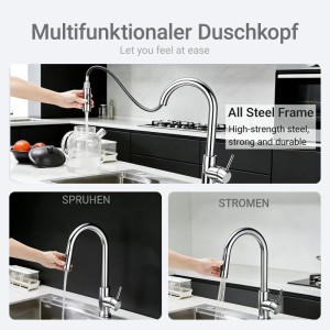 AICA Küchenarmatur mit ausziehbarer Brause, Chrom, verschiedene Strahlarten.