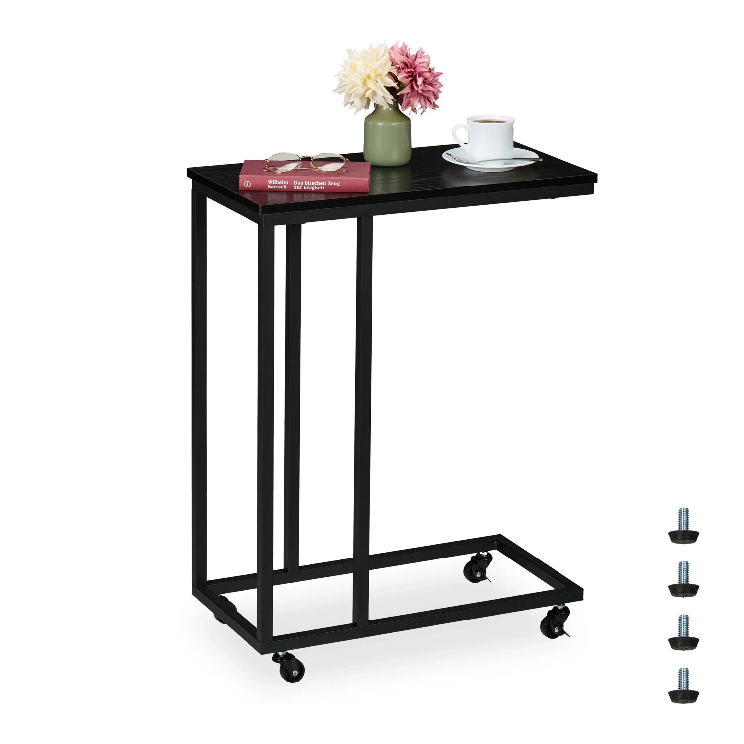 Relaxdays Beistelltisch Stahl MDF Schwarz Rollbar 79 cm x 60 cm x 30 cm 4,5 kg
