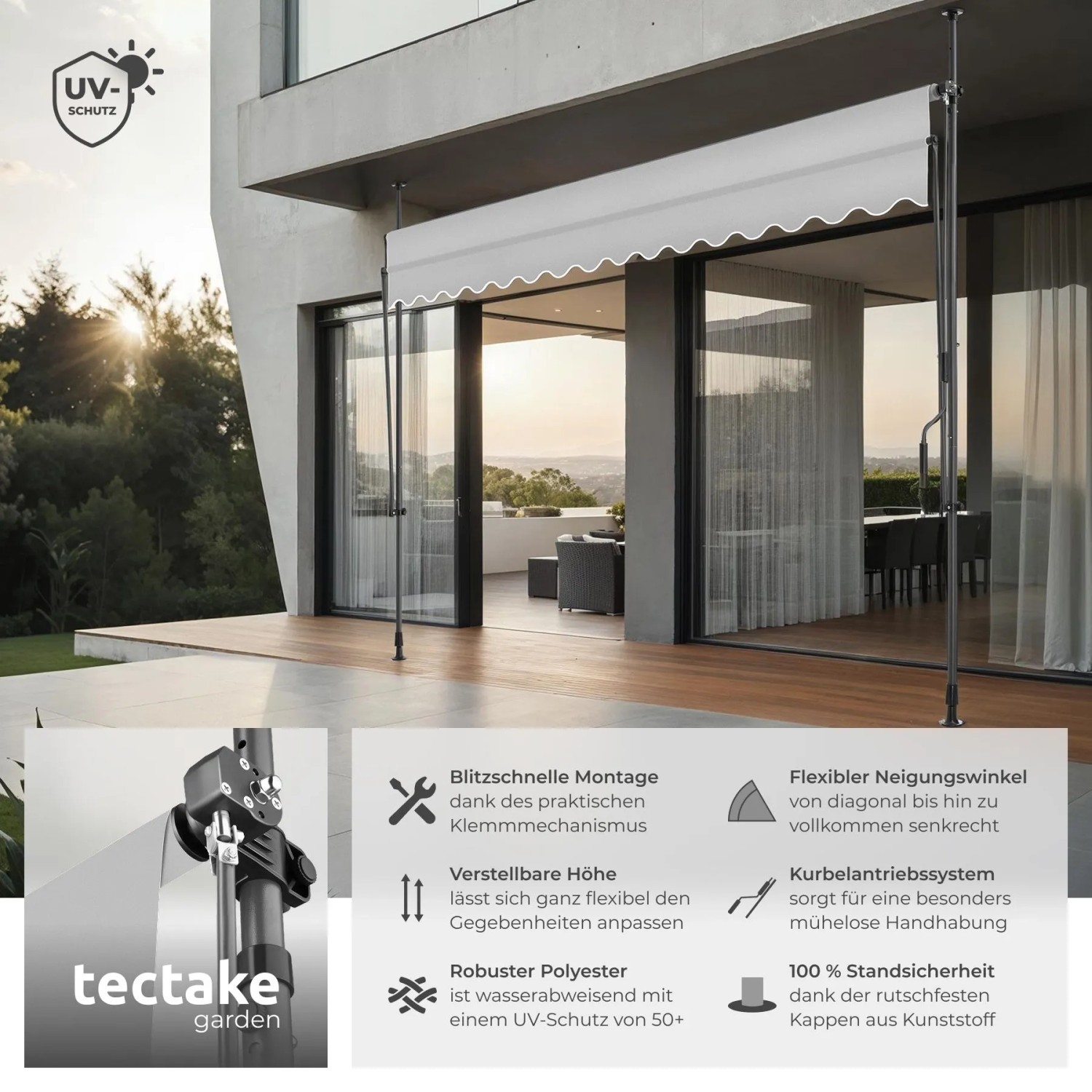 Hellgraue Tectake Klemmmarkise mit Handkurbel auf Terrasse, UV-beständig, für flexiblen Sonnenschutz.
