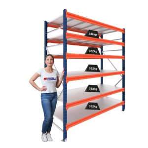 PROREGAL Weitspannregal DOMINUS, blau/orange, 6 Ebenen, 332 kg Fachlast. Ideal für Lager & Werkstatt.