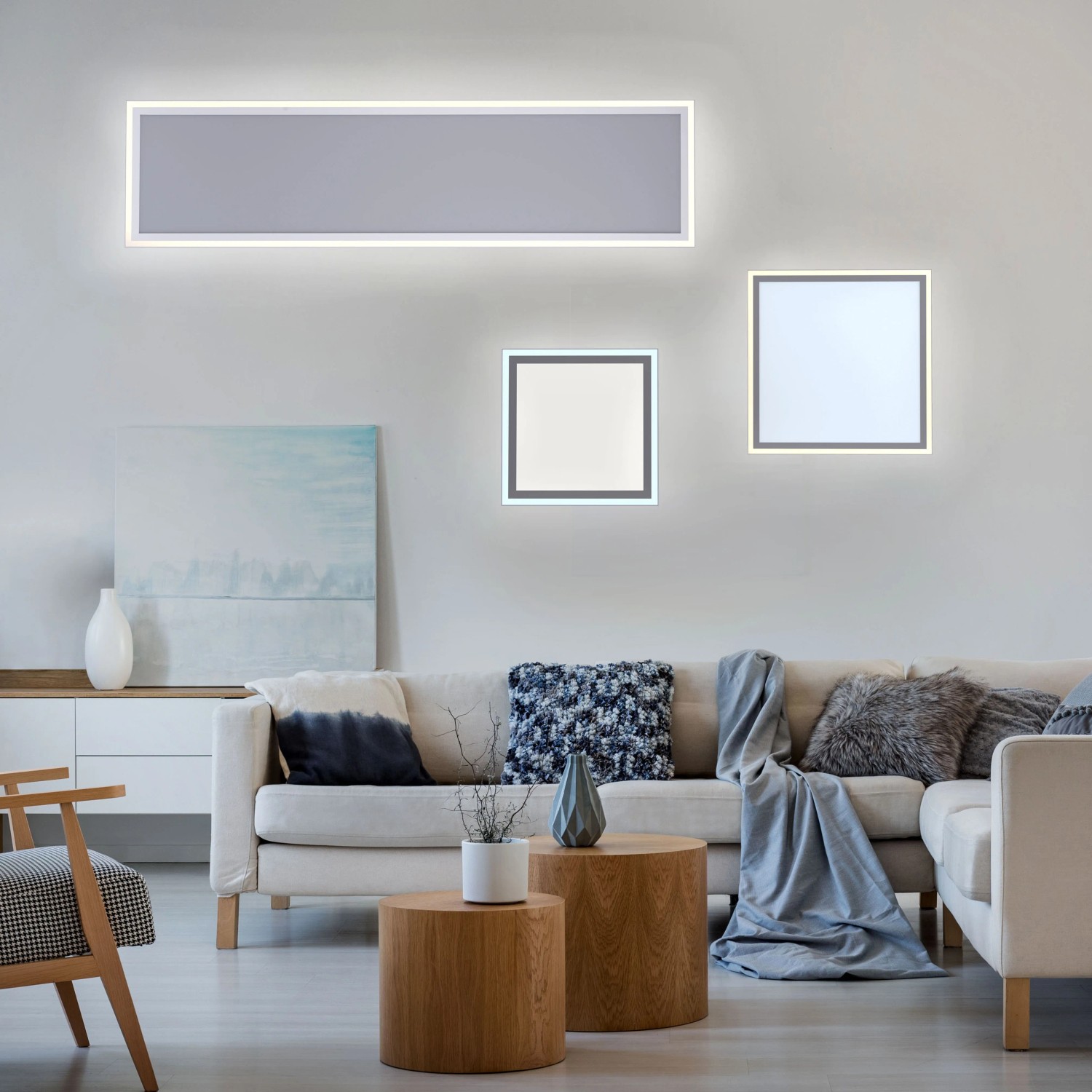 Moderne LED-Deckenleuchte Edging in Weiß, quadratisch und rechteckig, im Wohnraum.