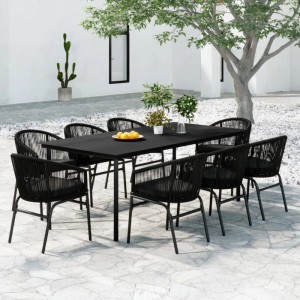 Schwarze 9-tlg. vidaXL Garten-Essgruppe mit Tisch und Rattanstühlen im Außenbereich.