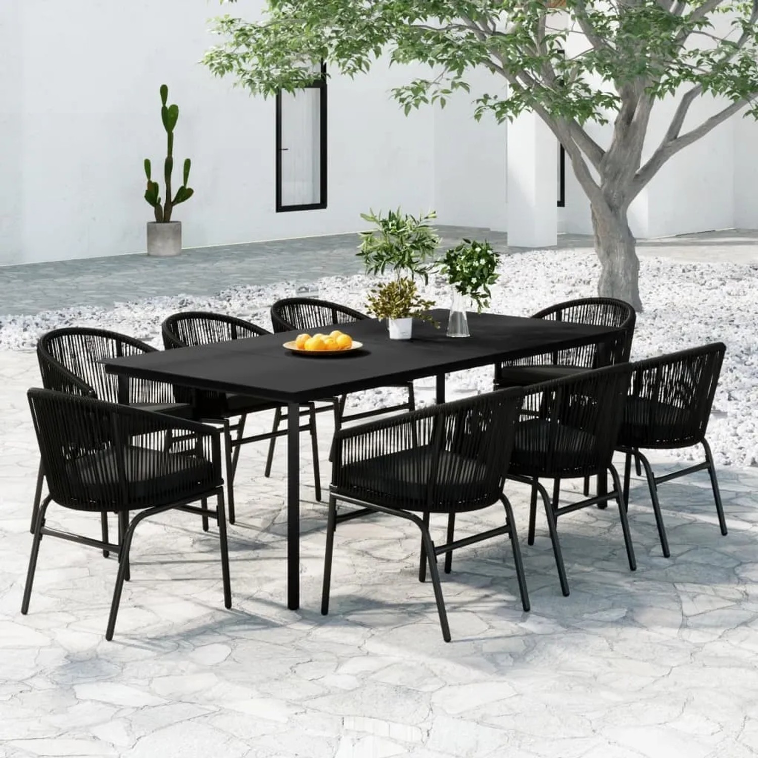 Schwarze 9-tlg. vidaXL Garten-Essgruppe mit Tisch und Rattanstühlen im Außenbereich.