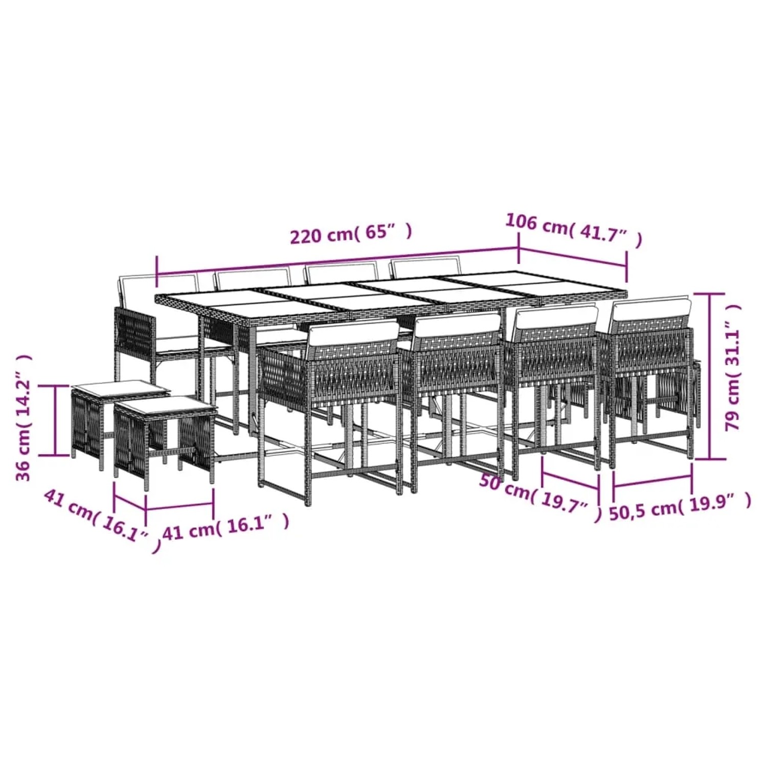 vidaXL Garten-Essgruppe, 13-teilig, schwarzes Poly Rattan mit Tisch, Stühlen, Hockern und Kissen.