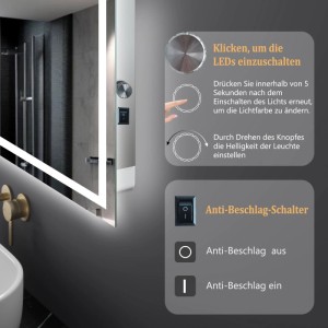 LED Badspiegel 80x60cm mit dimmbarer Kaltweiß-Beleuchtung per Drehknopf und Kippschalter für Anti-Beschlag.