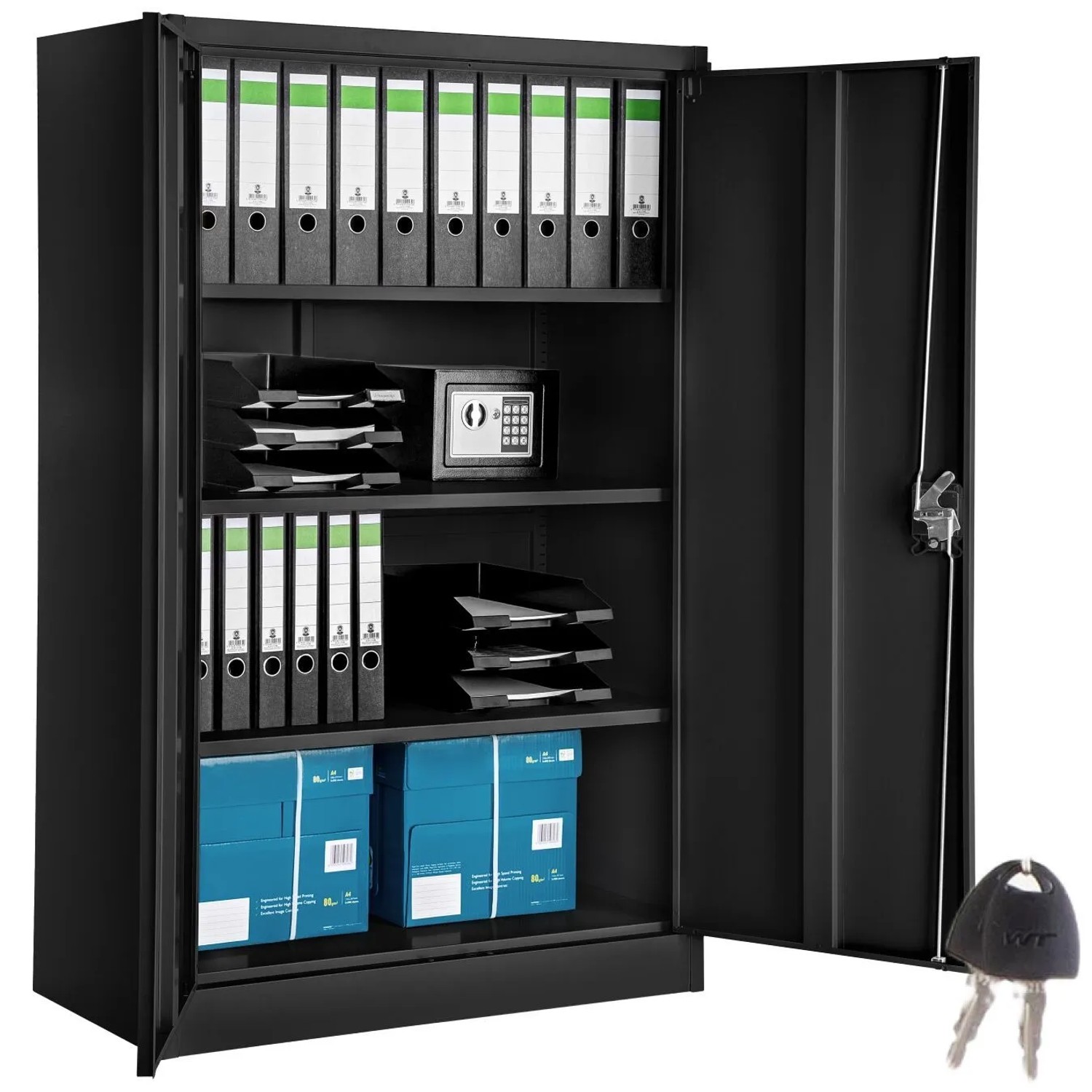 Tectake Aktenschrank  Aus Pulverbeschichtetem Stahl Mit 2 Flügeltüren  40 x 90 x 140 cm Schwarz