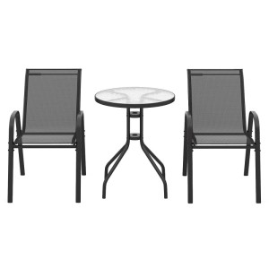 Costway Balkonmöbel Set: Bistrotisch mit Glasplatte und 2 stapelbare Gartenstühle in Schwarz.