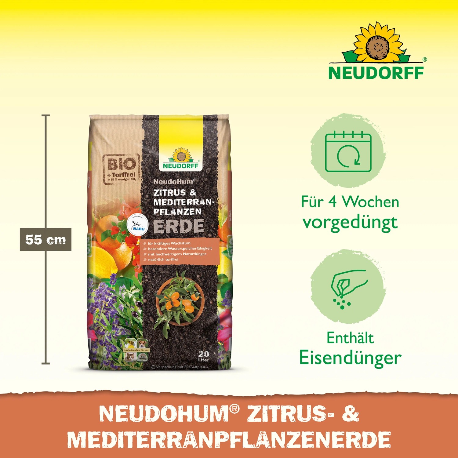 Neudorff Zitrus- und Mediterranpflanzenerde Neudohum, 20 l Sack für gesundes Pflanzenwachstum.