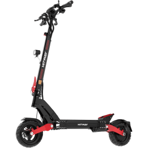 HITWAY H10 E-Scooter, schwarz-rot, mit 10-Zoll-Offroad-Reifen, Federung und LED-Licht. Leistungsstarker Elektroroller für lange Fahrten.