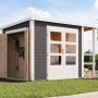Karibu Gartenhaus mit Schrank und Anbaudach, terragrau, mit geöffneter Holztür und Doppeltür mit Fenstern.