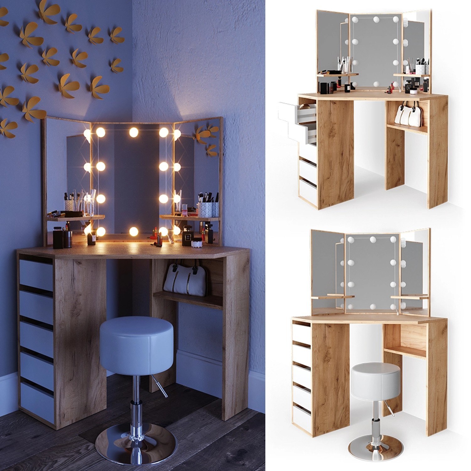 Vicco Eckschminktisch Arielle in Goldkraft Eiche mit LED, Hocker. Frisiertisch mit Spiegel und Stauraum.