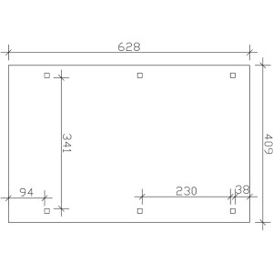 Technische Zeichnung des Skan Holz Carport Wendland, weiße Ausführung, Maße 409 x 628 cm.