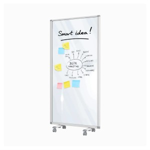 KARAT Mobile Trennwand transparent 90x180cm mit Notizen und Beschriftung, ideal für Büro und Homeoffice.