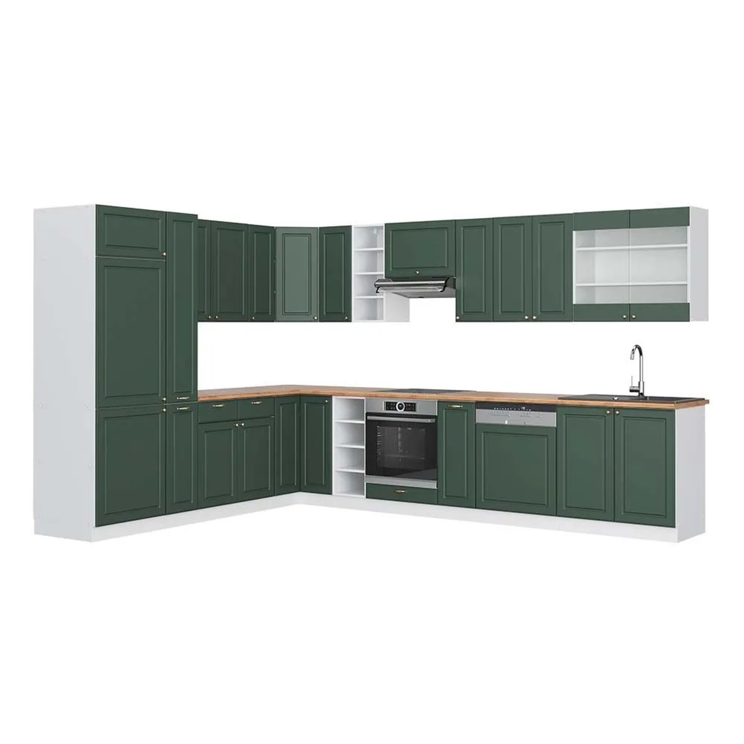 Vicco Eckküche Fame-Line Grün-Gold Landhaus/Weiß 347 x 82, AP Eiche