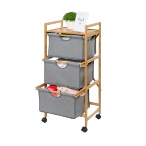 Wenko Haushaltswagen Bahari mit 3 grauen Körben aus Bambus und Ablage.