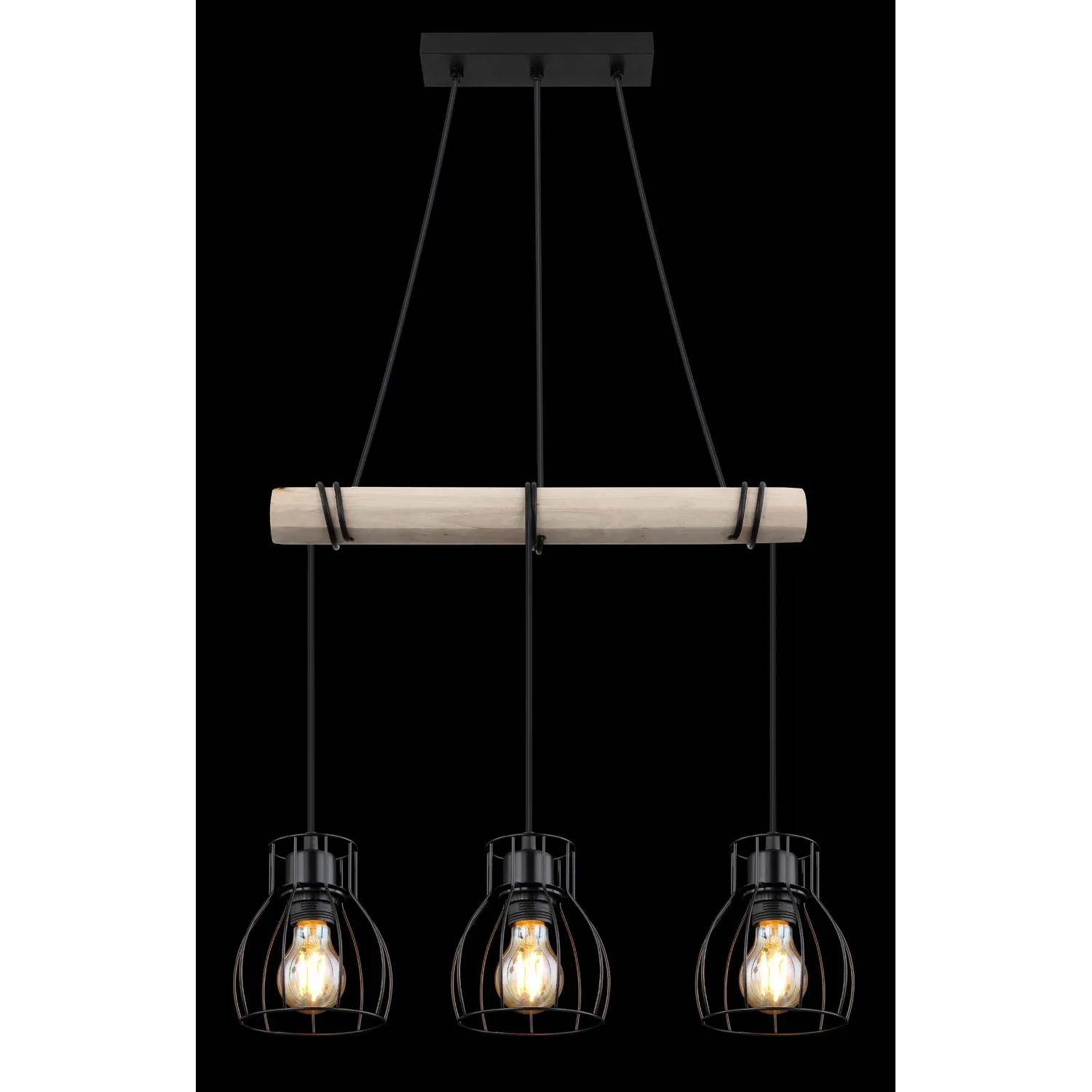 Globo Hängeleuchte Mina, 3-flammig, Holz/Schwarz, Pendelleuchte mit Holzstamm und schwarzen Metallschirmen.