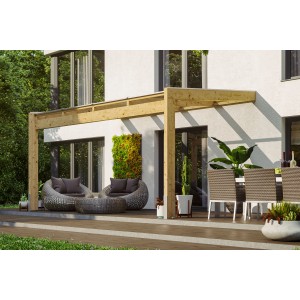 Skan Holz Terrassenüberdachung Novara, 450x309 cm, unbehandelt, mit Polycarbonat-Dach auf Terrasse.