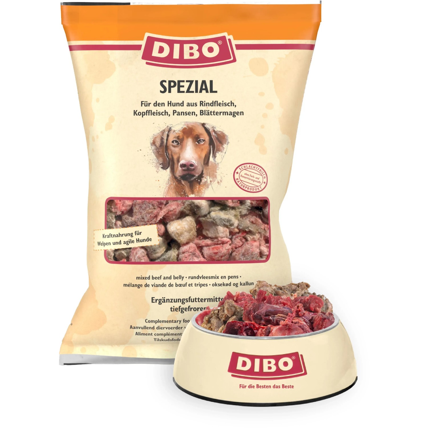 Dibo Hunde-Barf Spezial 2kg: Frostfutter mit Rind, Pansen und Blättermagen im Beutel und Hundenapf.