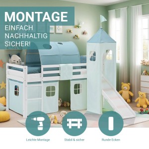 Weißes Kinder Hochbett 90x200 aus Kiefernholz mit Rutsche, grünem Tunnel, Turm und Matratze im Kinderzimmer.