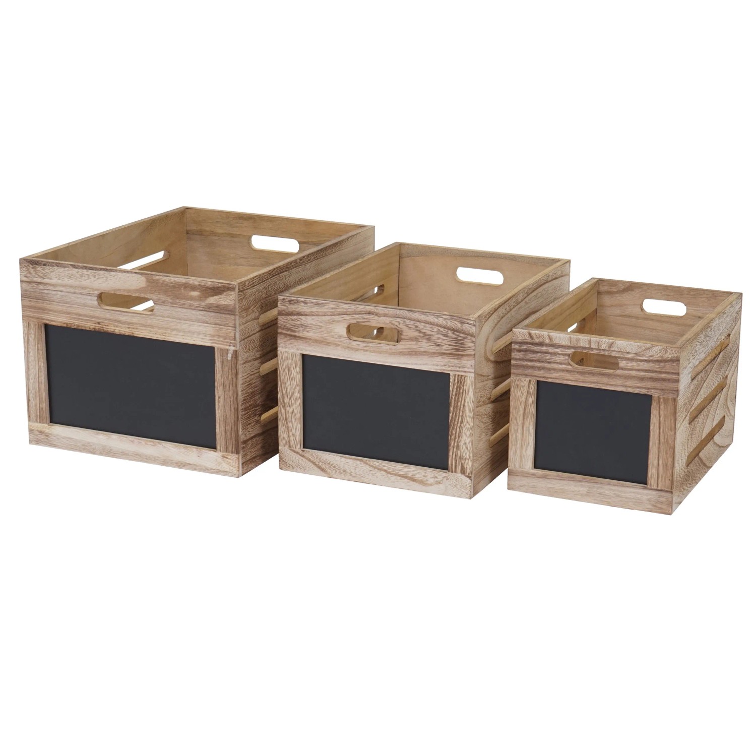 MCW Holzkiste E11 3er-Set, naturbraune Aufbewahrungsboxen mit Tafelfront in verschiedenen Größen.