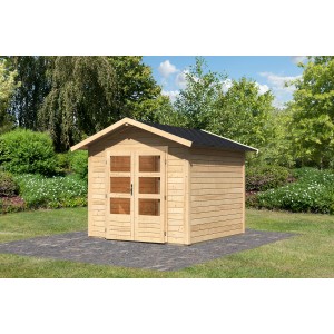 Karibu Holz-Gartenhaus Tessin 1 aus naturbelassenem Fichtenholz mit Doppeltür und schwarzem Dach.