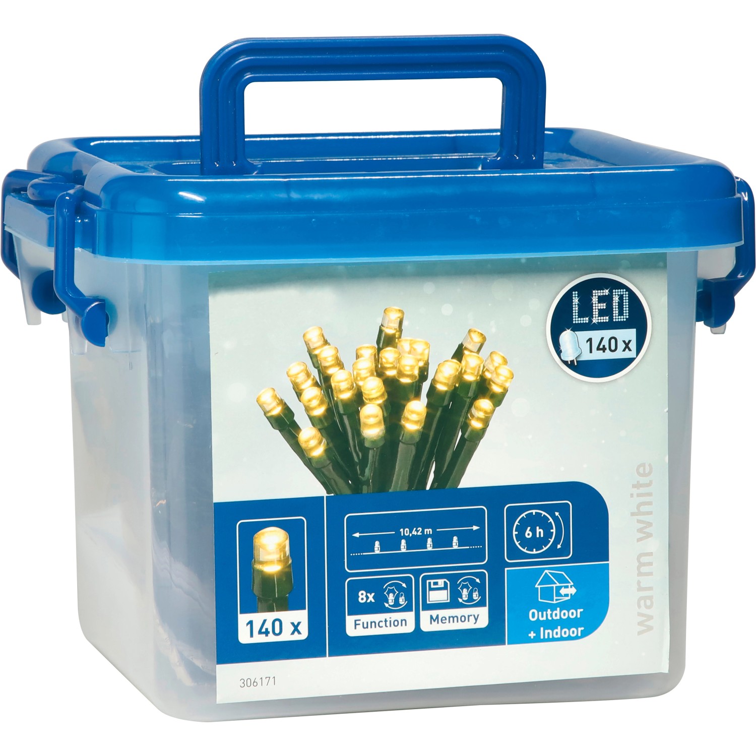 LED-Lichterkette mit 140 warmweißen LEDs in Kunststoffbox mit grünem Kabel.