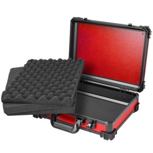 Roter HMF Universalkoffer offen mit schwarzem Rasterschaumstoff. Ideal für Kameras, Messgeräte und empfindliche Ausrüstung.
