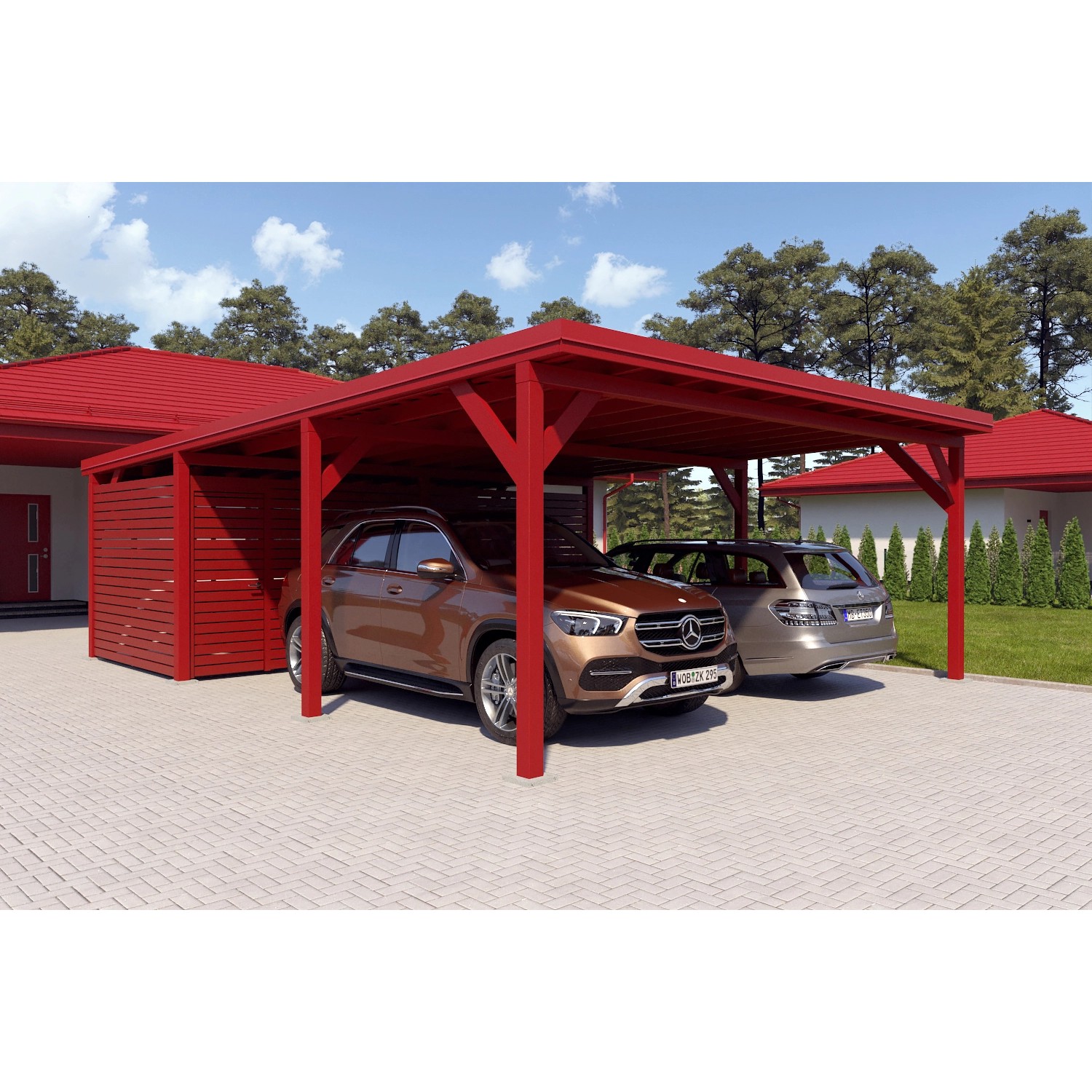 Holzbrüder Carport Ralf 52m² mit Geräteraum Oxidrot-Rot günstig online kaufen