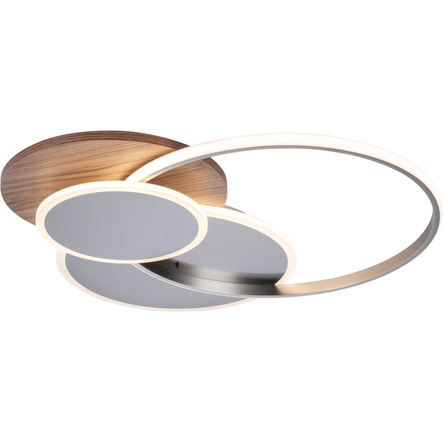 Moderne LED-Deckenleuchte Palma mit Holzdekor und silberfarbenen Ringen, dimmbar und farbsteuerbar.