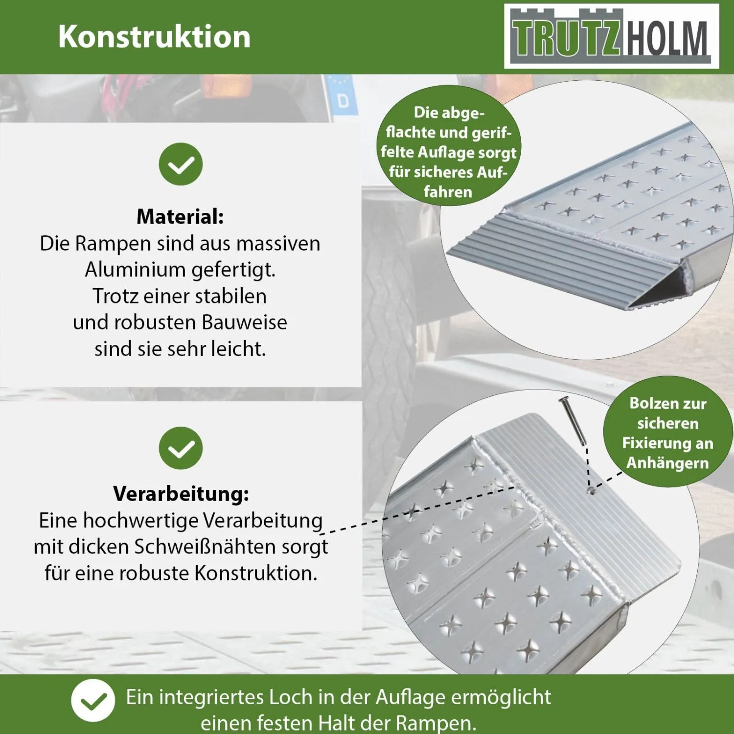 Detailansicht TRUTZHOLM Alu Auffahrrampen (2er Set) mit rutschfester Oberfläche und Befestigungslöchern.