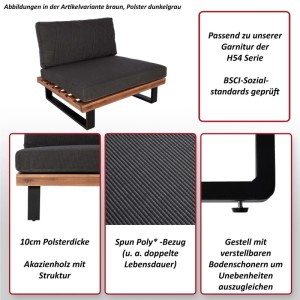MCW Lounge-Sessel H54 mit braunem Akazienholzgestell, schwarzen Beinen und dunkelgrauen Polstern. Gartenstuhl mit 10cm dicken Kissen.