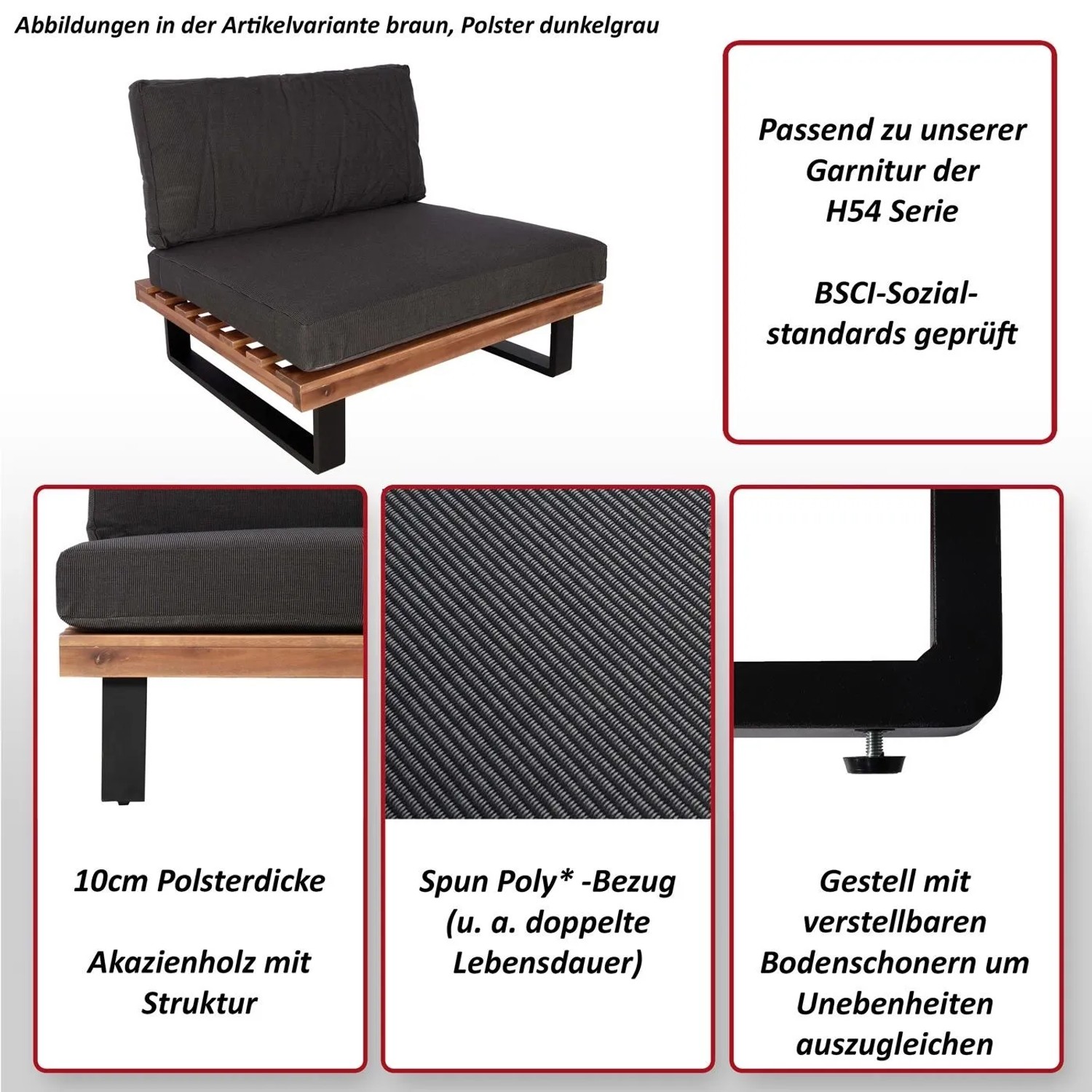 MCW Lounge-Sessel H54 mit braunem Akazienholzgestell, schwarzen Beinen und dunkelgrauen Polstern. Gartenstuhl mit 10cm dicken Kissen.