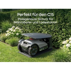 Dunkelgraue Eufy Mähroboter Garage C15 schützt Mähroboter und Ladestation vor Witterung im Garten.