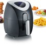 Severin Heißluft-Fritteuse FR 2430, 1500 W in Schwarz/Edelstahl mit Speisen wie Pommes, Muffins und Donuts.