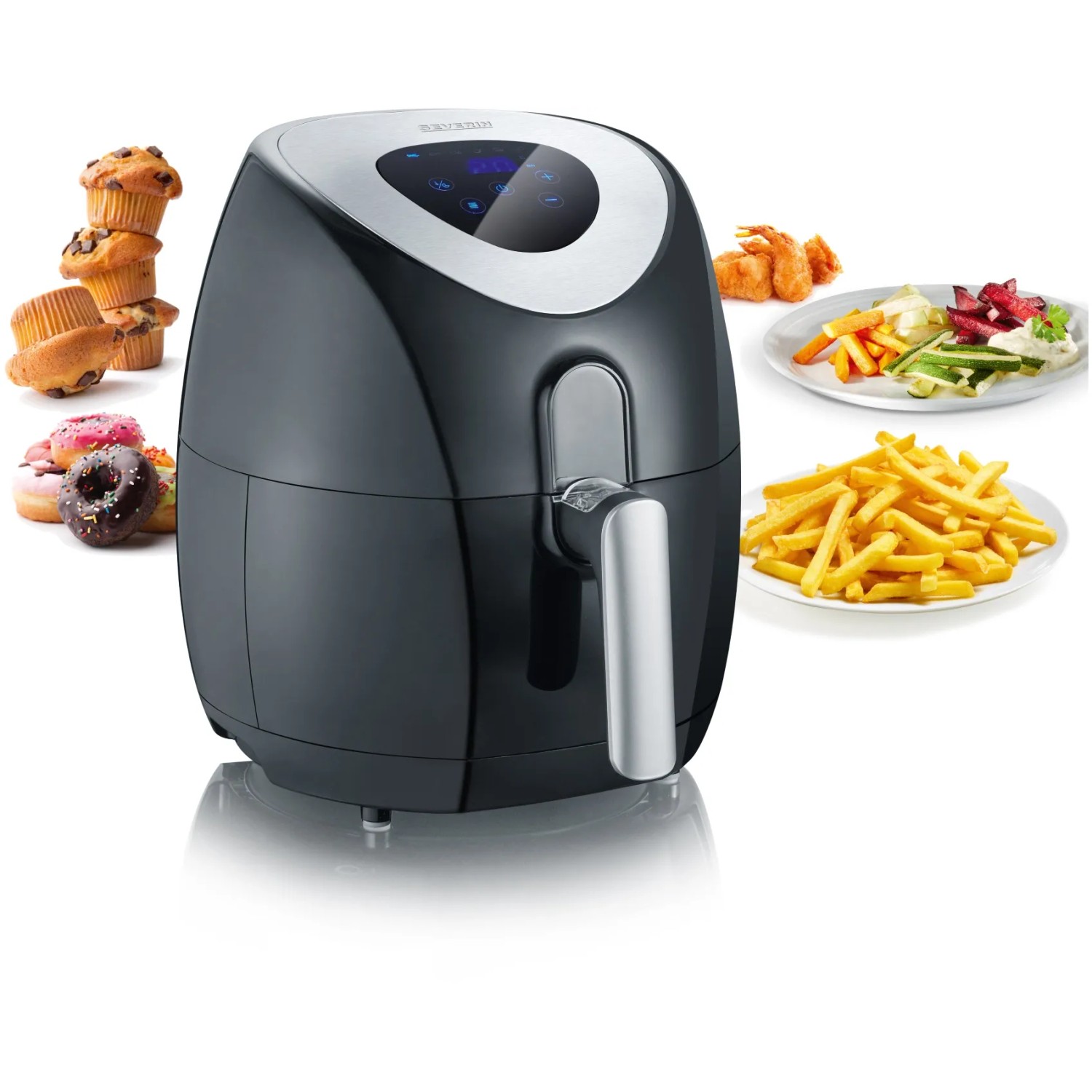 Severin Heißluft-Fritteuse FR 2430, 1500 W in Schwarz/Edelstahl mit Speisen wie Pommes, Muffins und Donuts.