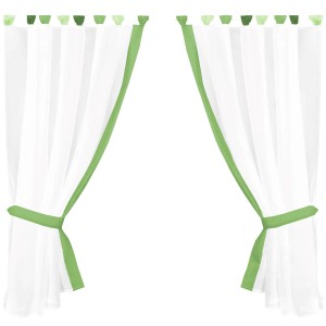 Arsvita Gardinenset Skyline Grün, 2 weiße Fenstervorhänge mit grünen Schlaufen und Raffhaltern.